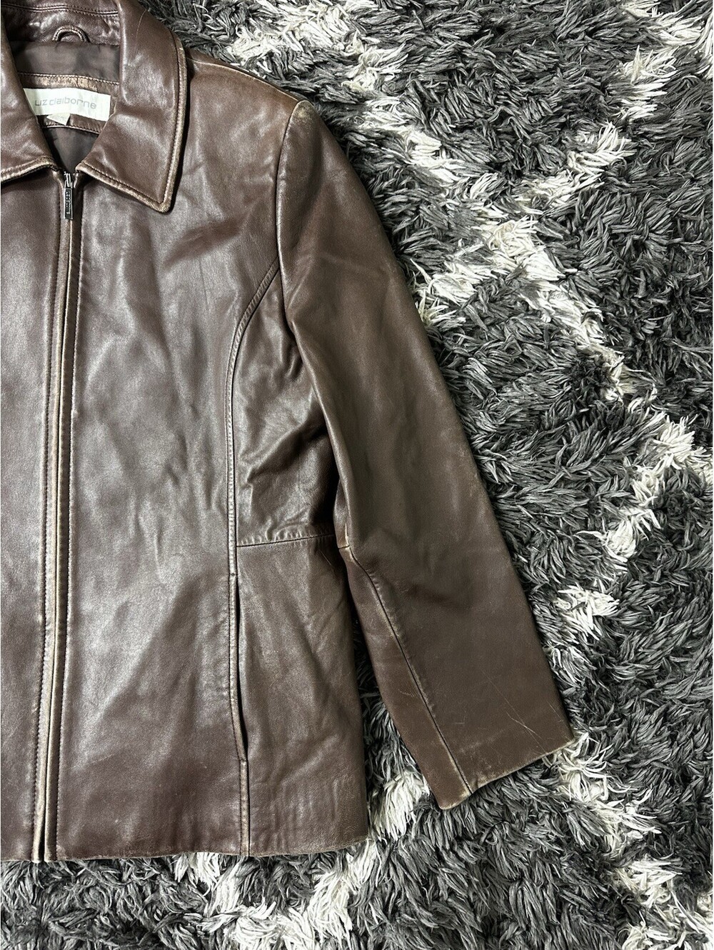 Liz Claiborne Womens XL Brown Genuine Leather Full Zip Jacket Coat Outerwear - Picture 4 of 12